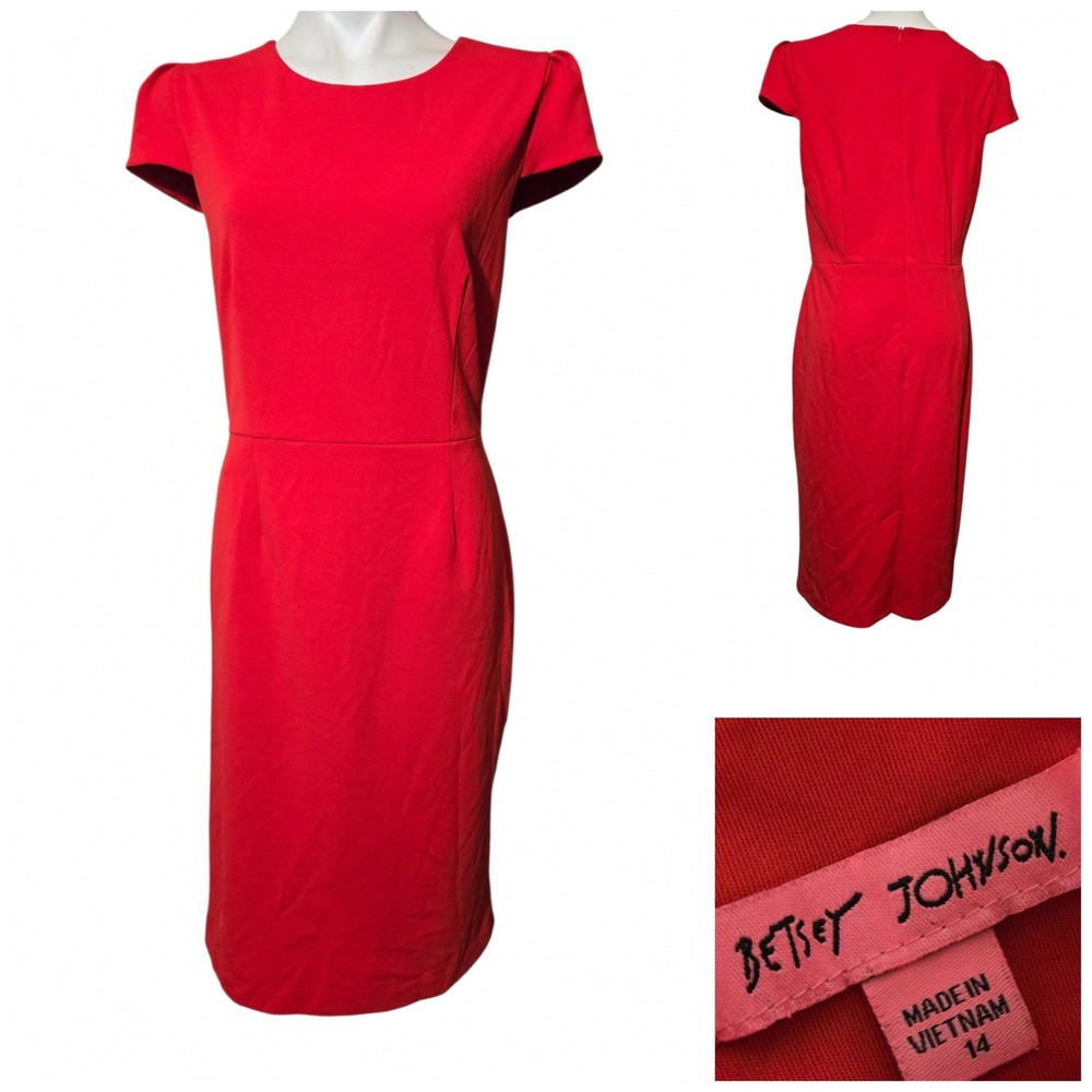 Betsey Johnson dress Red Cap Sleeve Sheath Dress Size 14 Pencil Midi stretch